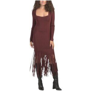 TOCCIN Mila Long Sleeve Square Neck Fringe Trim Dress